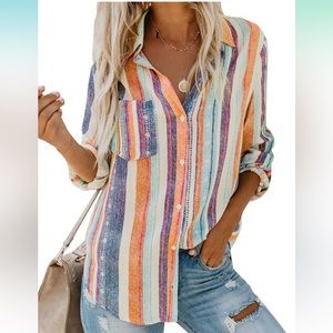 Astylish Womens V Neck Striped Roll up Sleeve Button Down Blouses Top